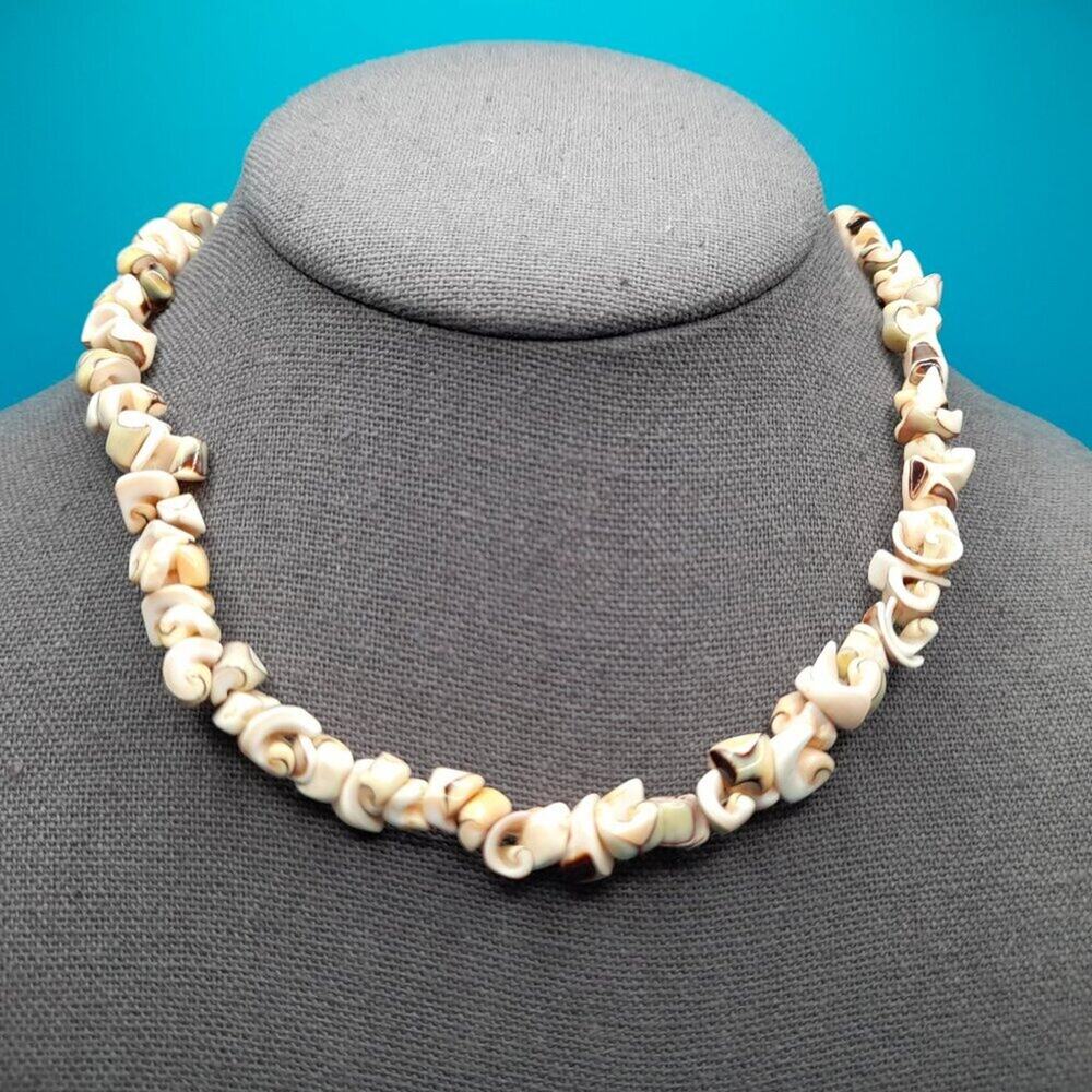 Vintage Curly Sea Shell Beaded Necklace, Natural Shells, Barrel Clasp, 16 Inches